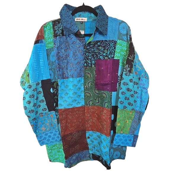 Turquoise Patchwork Unisex Boho Vintage Style Shirt button up front size XL New - Picture 1 of 16